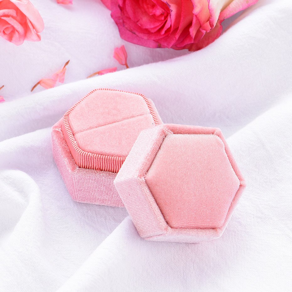 Kuololit Commercio All'ingrosso Anello scatola di Velluto per Le Donne Rosa verde blu rosso esagono Ottagono Rotonda rettangolo Contenitori di Monili per L'impegno: hexagon single pink