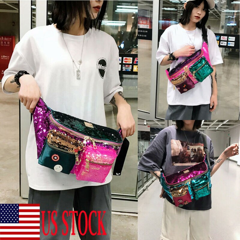 Vrouwen Regenboog Lovertjes Cross Body Sport Reistas Cross Schouder Borst Pakken Taille Packs Kleine Heuptas Fanny Packs hip Bag