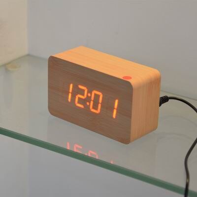 Fibisonic Houten Wekkers Met Thermometer, Geluidsregeling Hout Led Klokken, Digitale Bureau En Tafel Klok: bamboo with red