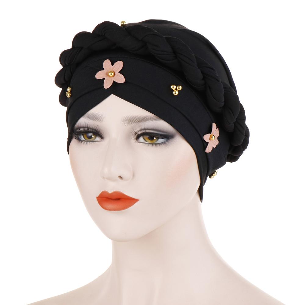 Gorros dorados 3d flor estilo africano sombrero con cuentas musulmana accesorios para el pelo turbante mujer sólida trenzada Banda TUB002: black