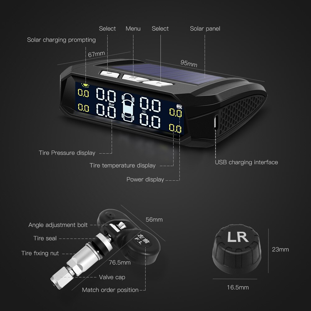 TPMS Car Tire Pressure Monitoring System Internal External Sensor Solar TMPS Control Wheels Wireless Tyre Pressure Sensor Alarm