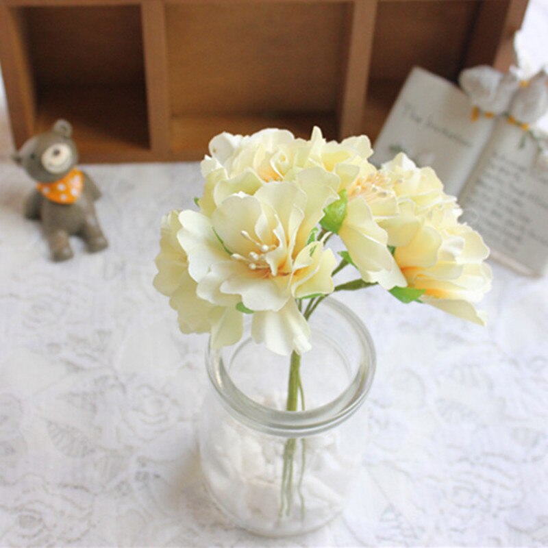 Mini Bouquet artificiel en soie rose 6 pièces/lot | Fleurs en papier pour décoration de mariage, fleurs pour Scrapbooking, boule de fleurs bricolage bon marché: Milk yellow