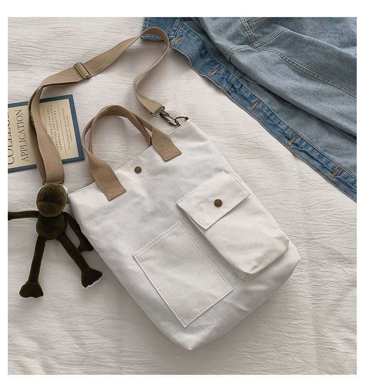 Zuid-koreaanse vrijetijdstas met wild pocket canvas, leuke schoudertas, studentenpersoonlijkheid, damesschoudertas: Wit