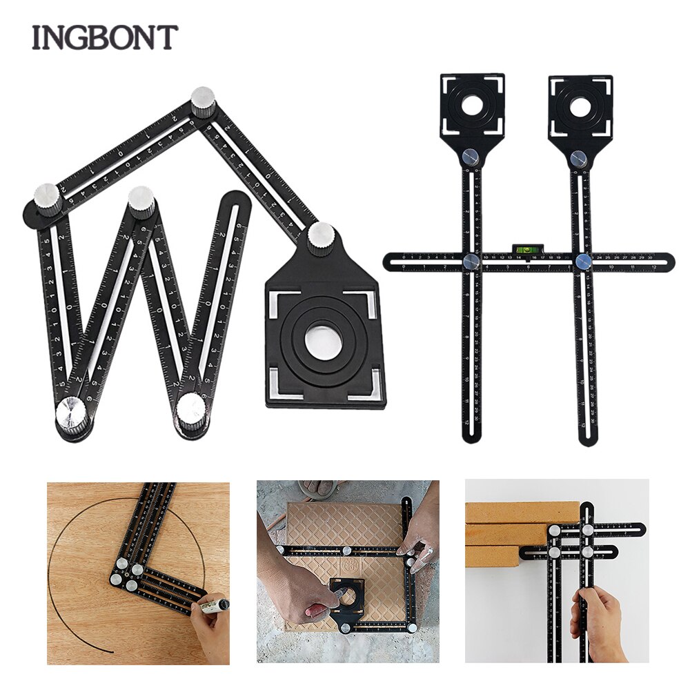 INGBONT Multi-Angle Protractor 6-Side Fold Ruler Tile Locator Floor Hole Measure Puncher Adjustable Woodworking Layout Template