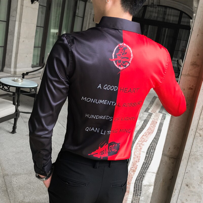 Casual skjorter slim fit festtøj bluse mænd efterår mænd skjorte patchwork farve streetwear skjorter mænd langærmede herre