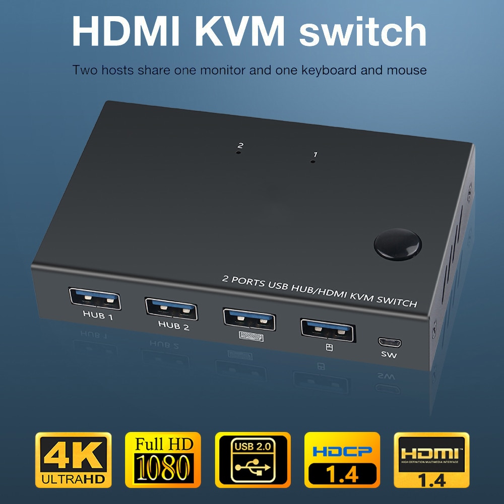 2 port usb kvm 4k switcher hdmi-kompatibel splitter for deling av skjermtastatur mus adaptiv edid/hdcp dekryptering