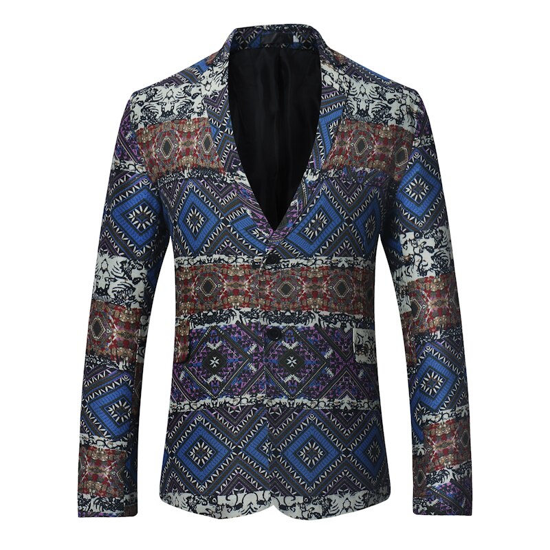 Geometry Pattern National Style Printed Suit Jacket Men Slim-Fit Suit Jacket Business Casual Suit Male: Blue / XL