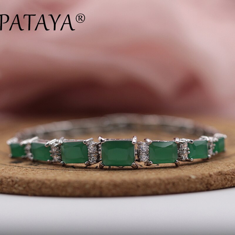 PATAYA Arrivals Single Row Green Square Natural Zircon Long Bracelets Women Wedding Jewelry True White Gold Link Bracelet 17: Default Title