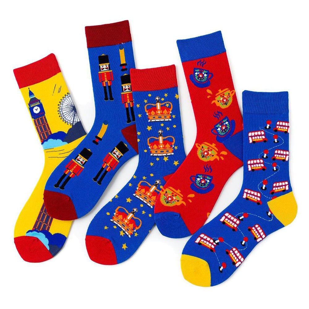 Calcetines divertidos de algodón peinado para Hombre, calcetín con de corona, Big Ben, Noria, tetera, autobús, doble piso