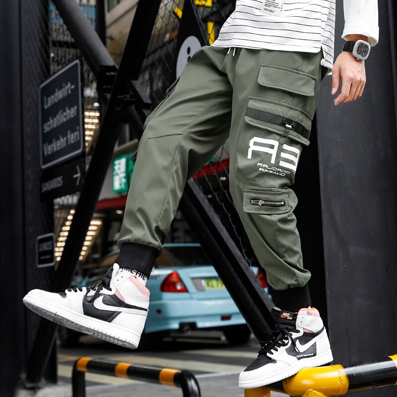 ZOENOVA Letters Multi Pockets Cargo Pants Men Harajuku Casual Track Trouser Hip Hop Streetwear Techwear Pants Joggers Men: M / Army Green