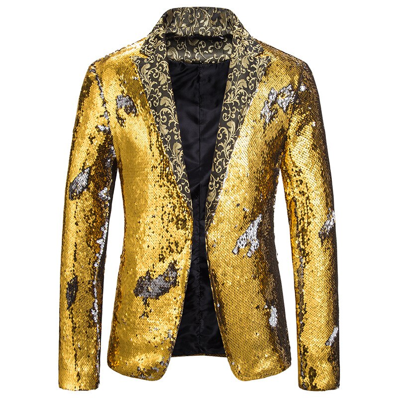 Men's Sequin Suit Jacket - Single Breasted - Full Sleeve - Notched Collar - Stage Performance: Golden