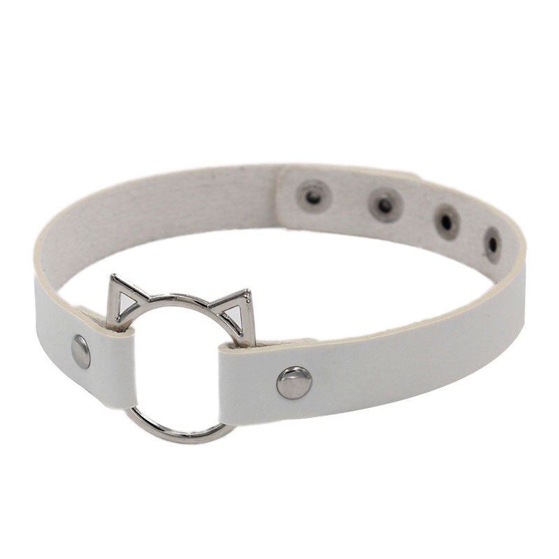 Kat øre pu læder choker halskæde kvinder chocker halskæder tilbehør punk halsrem bryllup brud smykker: Hvid