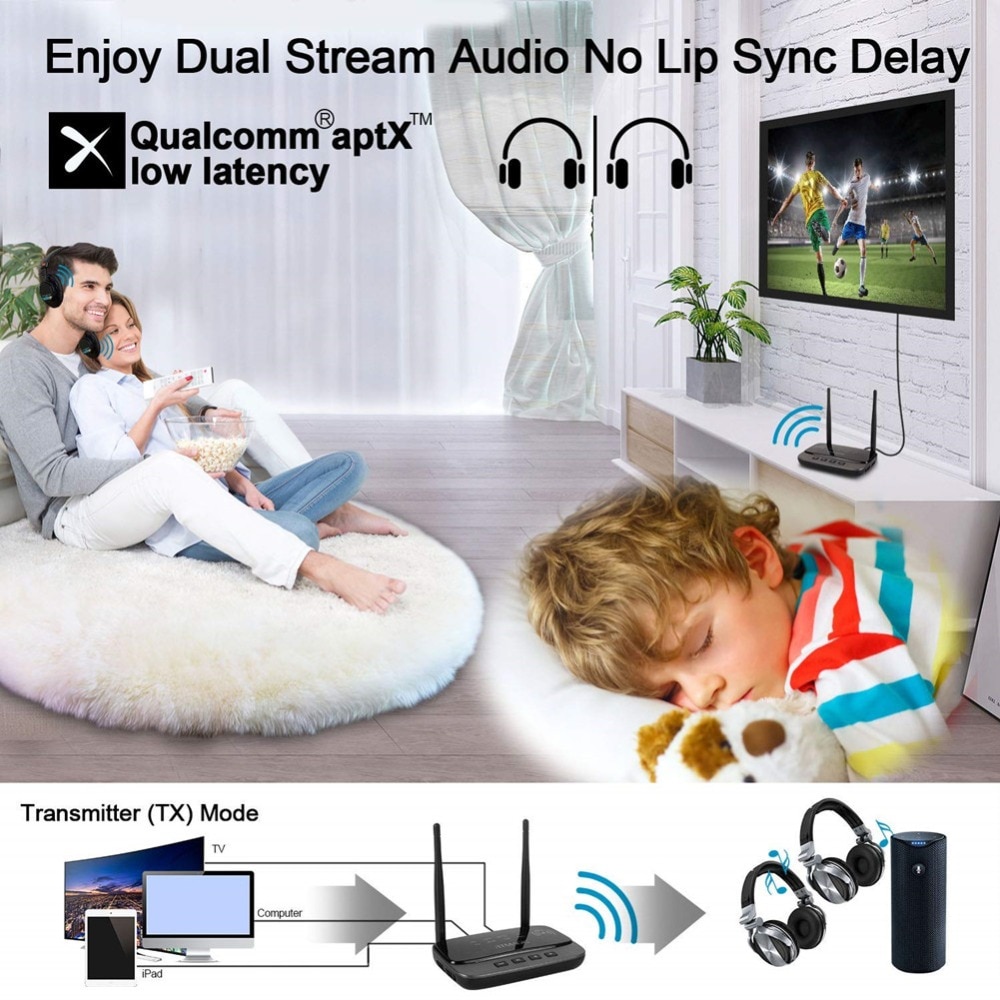 NFC and 262ft/80m Long Range Bluetooth 5.0 Transmitter Receiver 3in1 Audio Adapter Low Latency aptX HD Optical RCA AUX 3.5mm TV