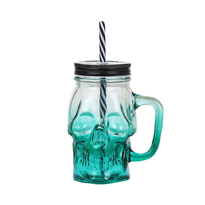 Dödskalle glas murare burk mugg tumlar kopp med lock och halm skalle ansikte glas bred mun murare burk dricksglas enkel burk 16oz: Grön