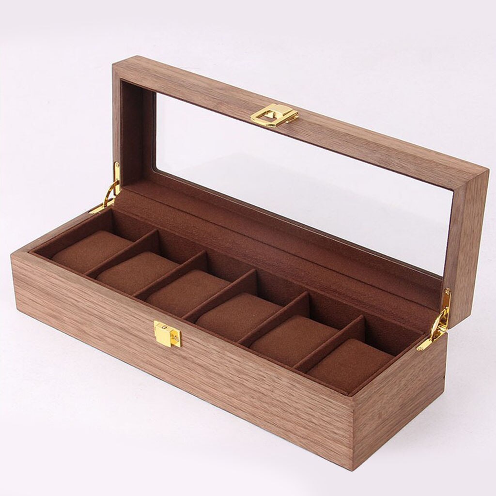 6 Slots Wood Watch Display Box Case Glass Top Locking Storage Organizer C