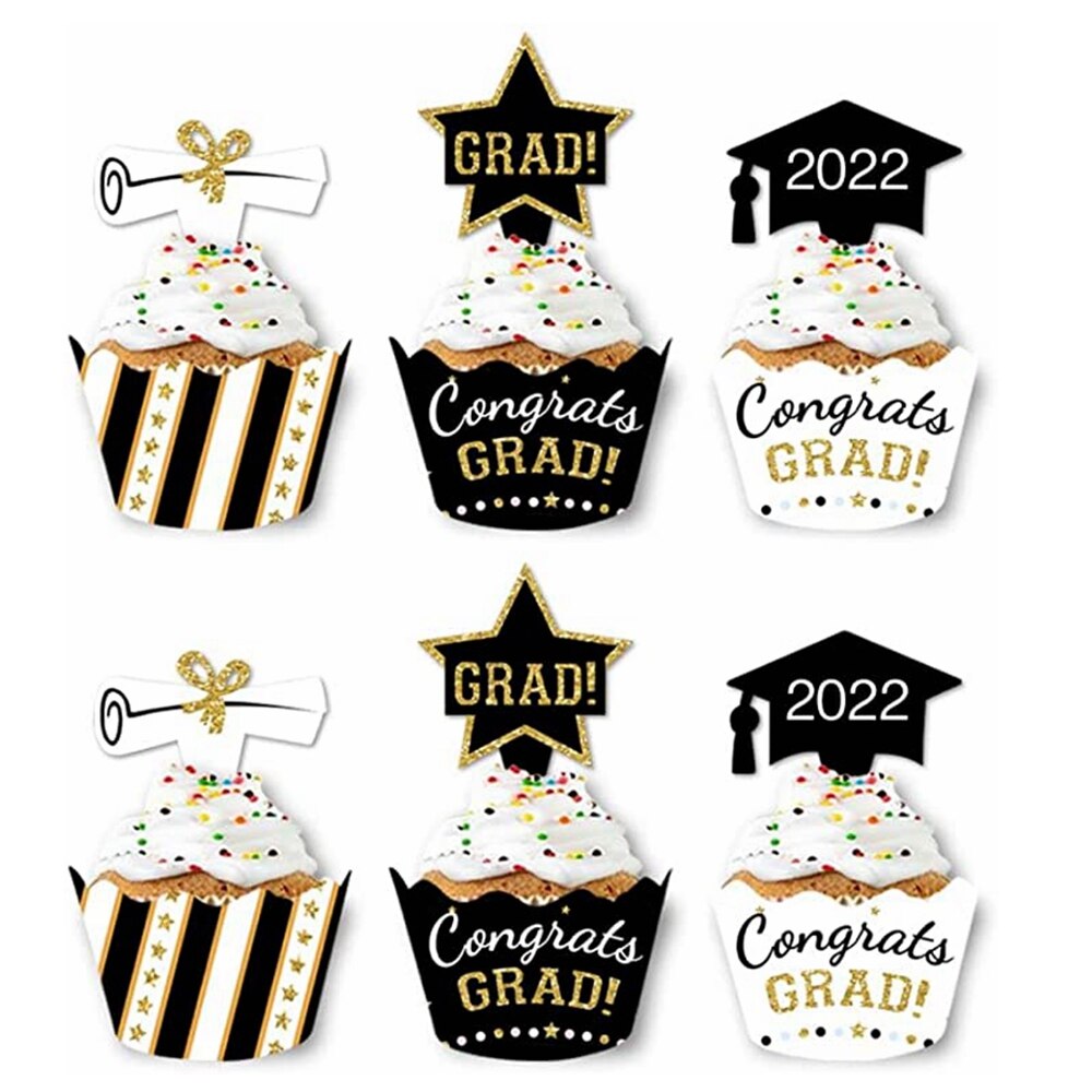 12/24pcs Graduation Party Cupcake Wrappers with Cake Topper Class Of 2022 Cupcake Topper Wrapper Cake Party Supplies Decorations