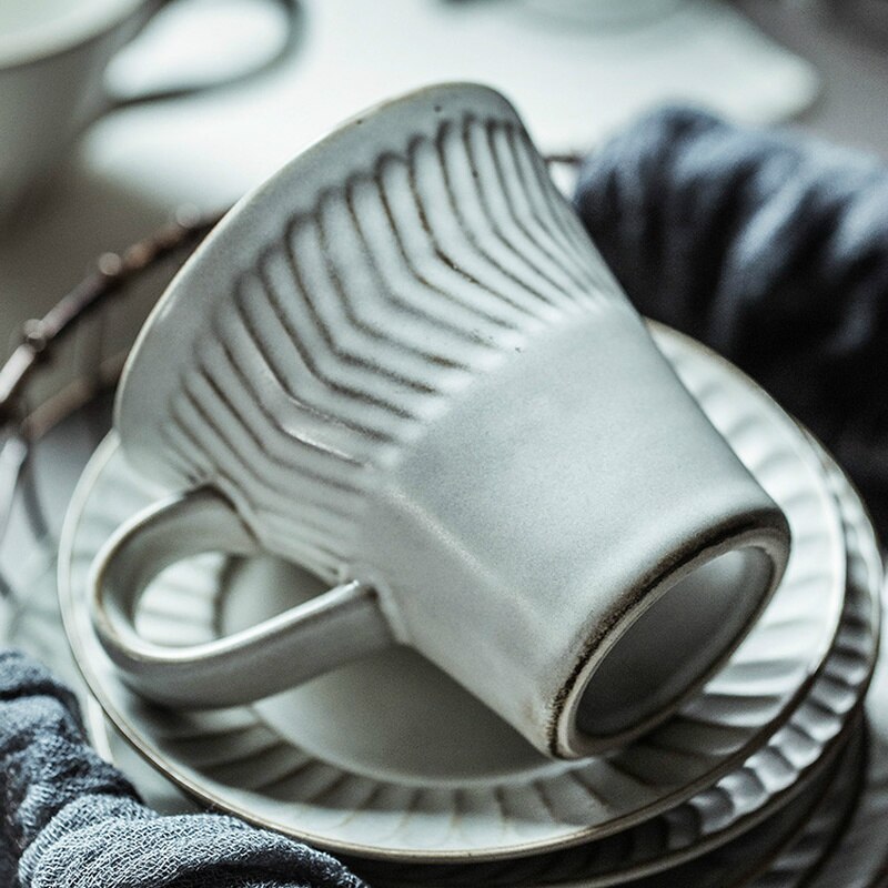 CHANSHOVA 225 to 350ml retro craft threaded ceramic coffee cup and saucer set porcelain threaded milk tea cup set H323