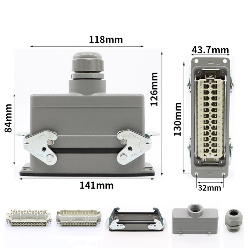 HE-024 Industrial Rectangular Heavy Duty Connector 24 Cores 16A 500V Waterproof Aviation Plug: HE-024 2 24PIN