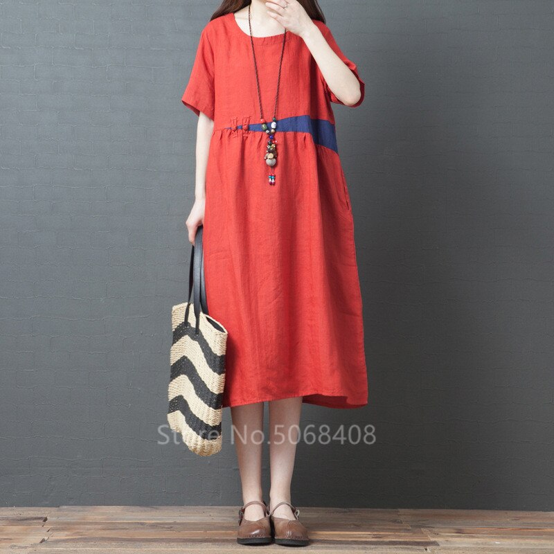 De manga corta verano las mujeres vestido de lino de algodón o-Cuello Vintage tradicional de talla grande de vacaciones Casual Midi vestido túnica: Color2 / 2XL