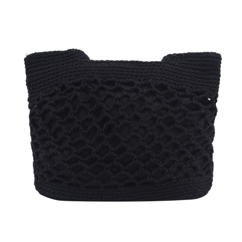 Handgefertigte quadratische tragetasche aus baumwollseil und stroh mit reißverschluss für damen, ideal für reisen und strand, gewebt, mit henkel, lässige strandtasche aus netzgewebe, hohl: Schwarz
