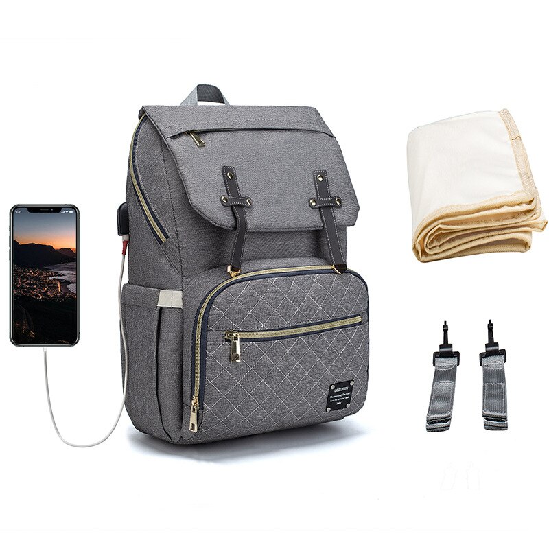 LEQUEEN USB Diaper Bag Large Capacity Nappy Bag Organizer with Changing Pad Backpack Mommy Bag Baby Stroller Bag: gray