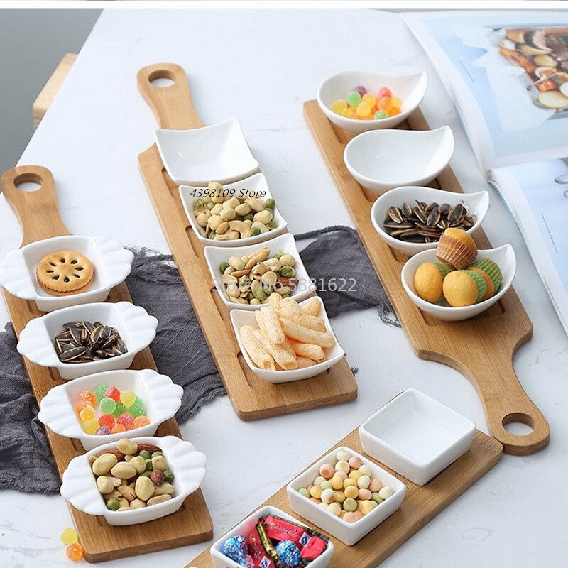 Bandeja de cerámica de estilo japonés para fruta, vajilla creativa de bambú Natural para aperitivos, frutos secos, postres y salsa