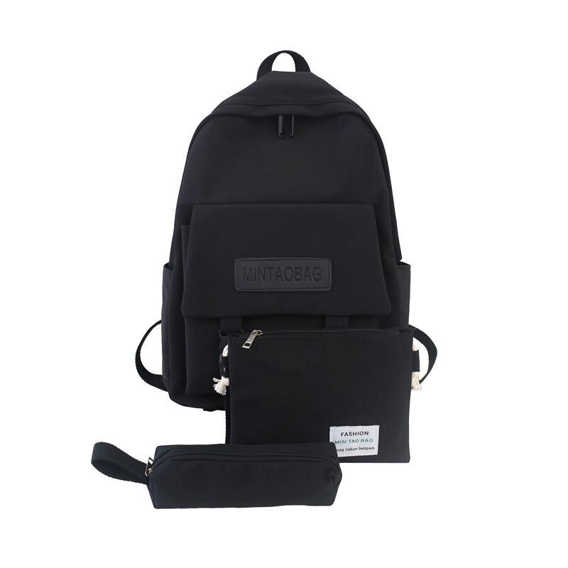 3set Solid Color School Bags Casual Women Backpack Shoulder Bag School Bags For Teenager Girl Mochilas Female Backpack: Black-3set