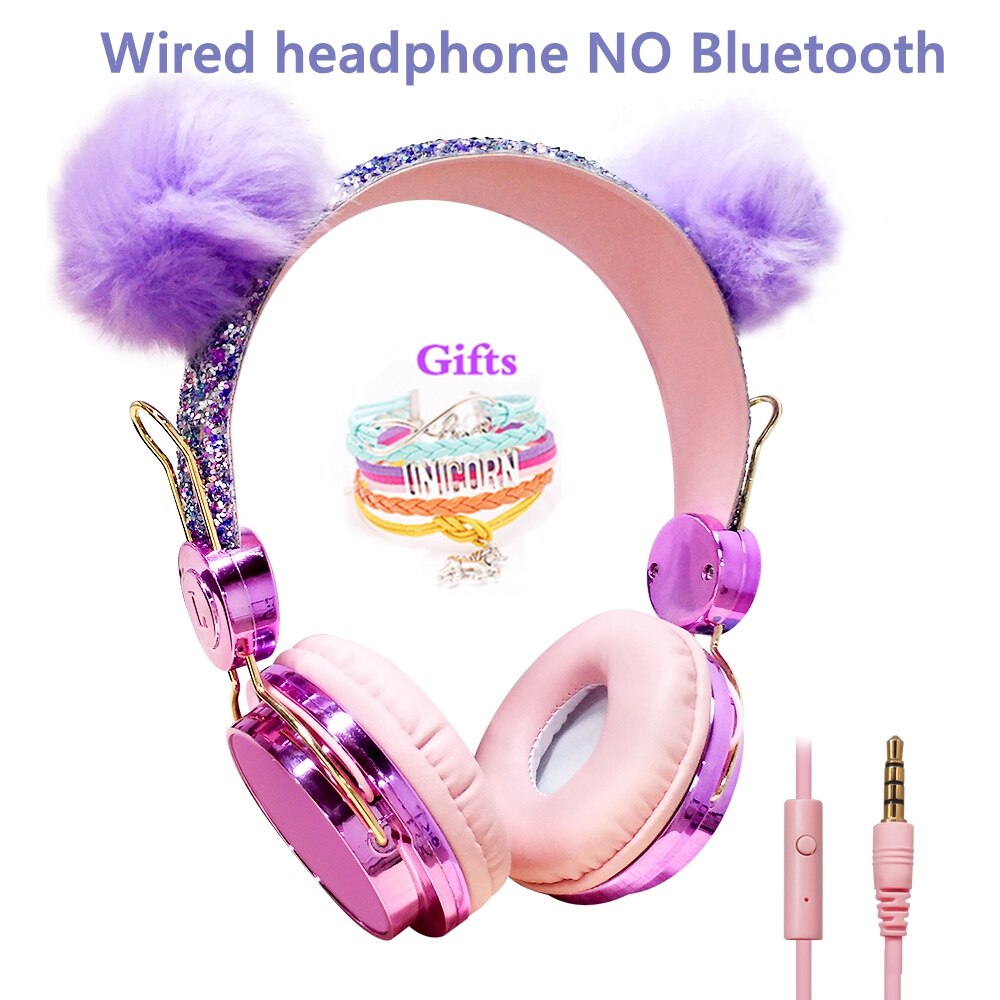 Bling fille enfant Bluetooth casque sans fil avec Microphone luxe paillettes mignon Hairball musique casque filaire téléphone casque: wired