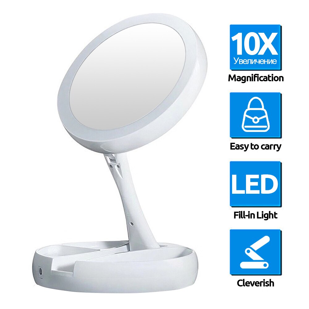 Foldable Makeup Mirror With LED Light 1X10X Magnifying Double-Sided Mirrors USB Charging or Battery Dressing Table Mirror espejo