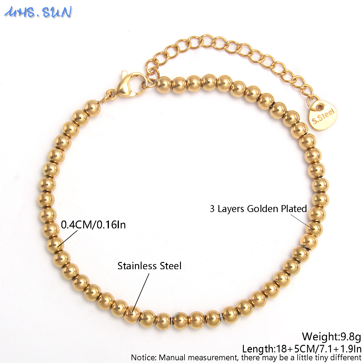 MHS.SUN-pulsera de cuentas lisas impermeable, brazalete ajustable de bolas redondas de acero inoxidable, Color dorado y plateado, joyería de Unisex