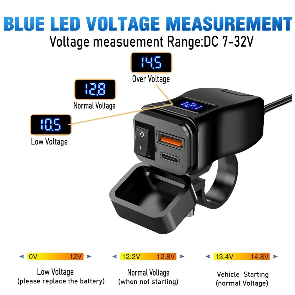 60W motorfiets USB snellader PD QC3.0 voedingsadapter stuur dubbele USB-aansluiting waterdicht met schakelaar voltmeter