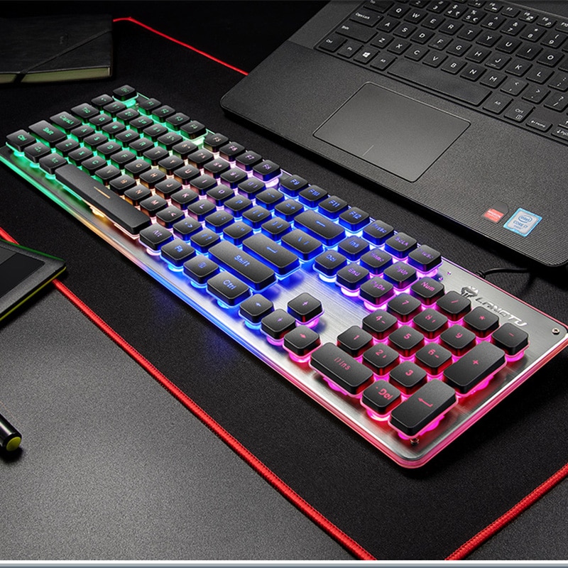 Gaming Keyboard Colorful LED Quiet Keyboard All-Metal Panel USB Wired Anti-ghosting Computer 104 Keys