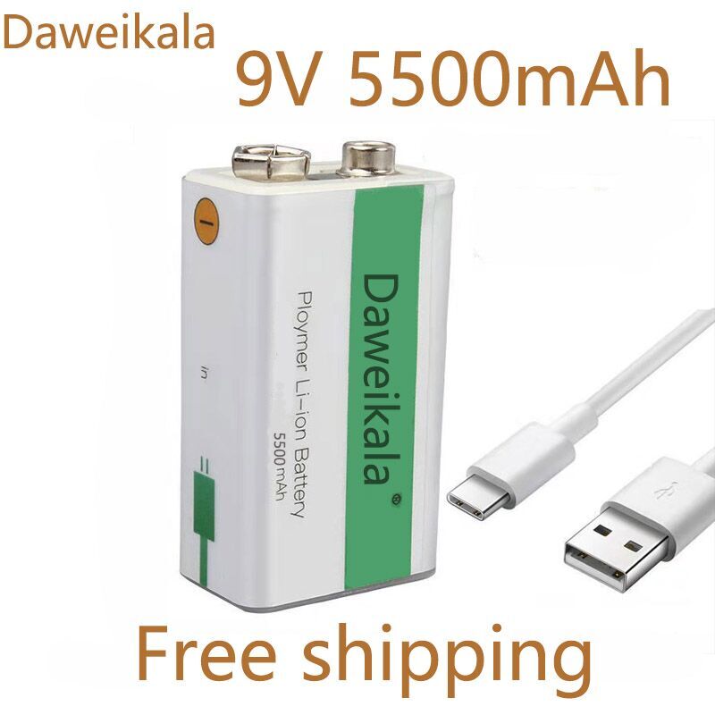 Batterie Li-ion 9V 5500mAH, adaptée aux appareils photo et autres séries de produits électroniques + ligne USB