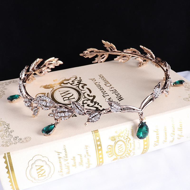 Vintage Bronze Emerald Green Fairy Crown Tiaras Crystal Leaves Elf Tiara Bandana Hair Accessories for Women Costume Hair Jewelry: Light Yellow Gold Color