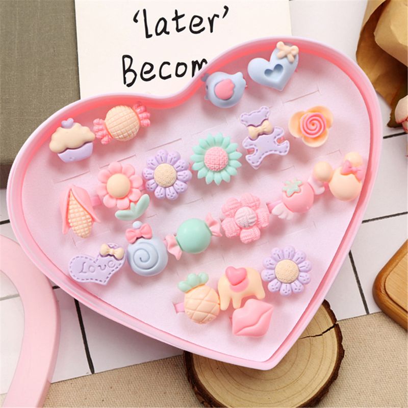 20pcs Girl Warm Color Rings With Bow Tie Box Princess Jewelry Fancy Kids