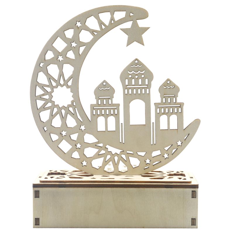 Ramadan Eid Mubarak Home Decoratie Maan Kasteel Led Licht Houten Ornament Diy HX6D