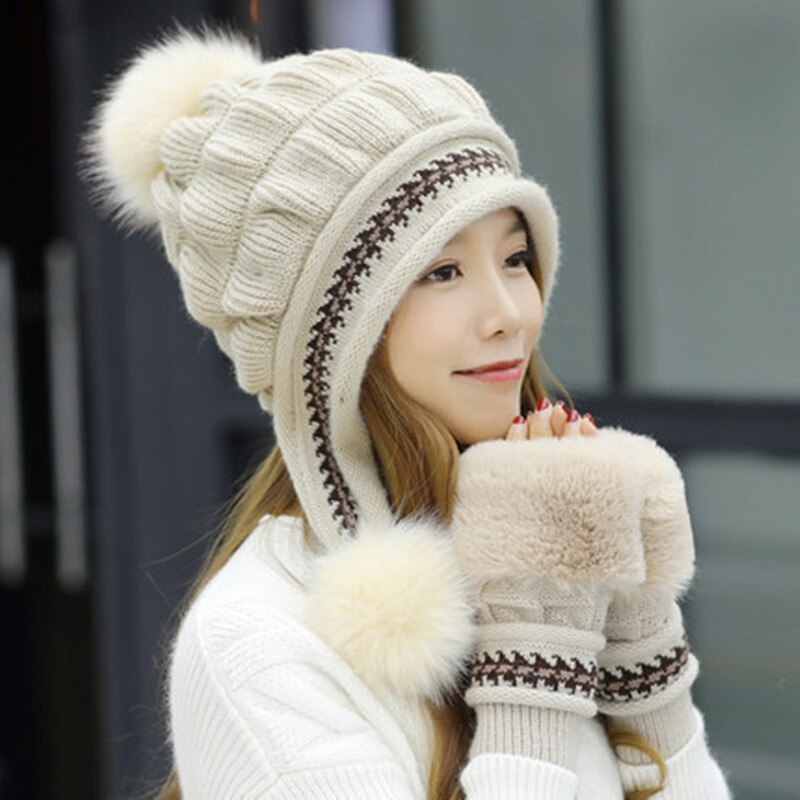 Women Winter Hat Gloves Set Warm Snow Hats Knitted Caps and Gloves Xmas hats for women: Beige