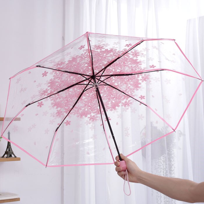 Trefold paraply kvinder gennemsigtig klar kirsebærblomst svamp apollo sakura foldning parasol paraply regn parasol: Lyserød
