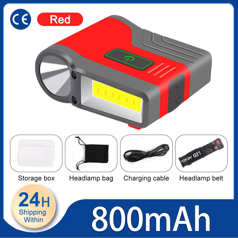 Induction Cap Clip Light USB Charging Cap Clip Flashlight 2200mAh COB Flood Light Head Light Waterproof Fishing Camping Light: Red 800mA