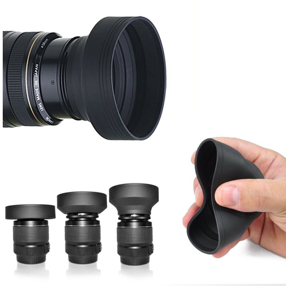 3 in 1 Stage 3-Stage Rubber Collapsible Lens Hood 49 52 55 58 62 67 72 77 82mm for Canon Nikon Sony Pentax Olympus DSLR Camera