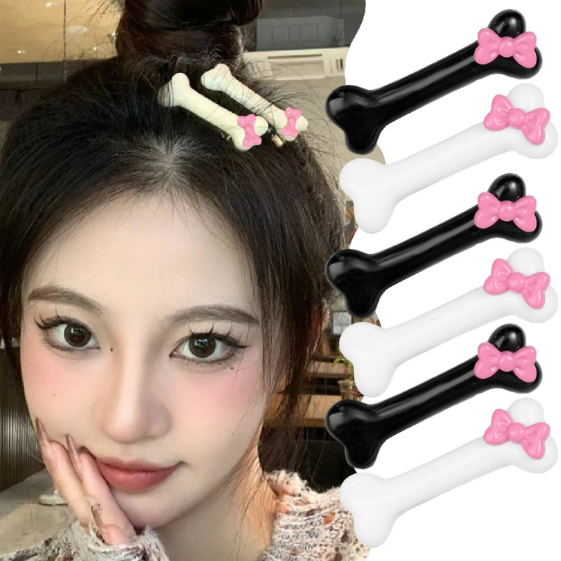 Pinzas para el pelo con forma de hueso de perro con lazo rosa Kawaii, horquilla de hueso Popular en blanco y negro, accesorios de pasadores de pico de pato encantadores para niñas