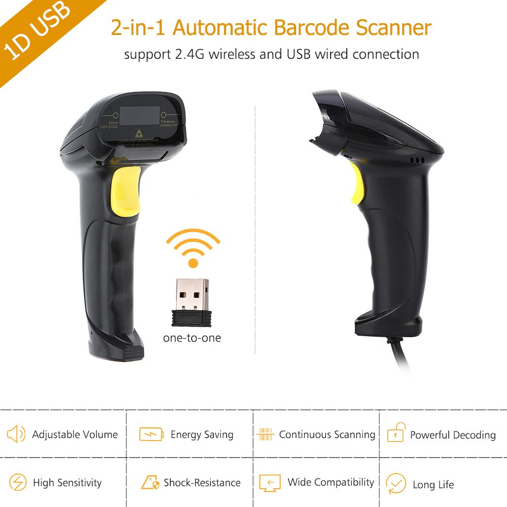 Aibecy 2-In-1 2.4G Draadloze Barcode Scanner & Usb Wired Barcode Scanner Automatische Handheld 1D Bar code Scanner Reader