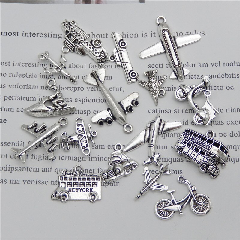 Julie Wang 16PCS Legierung Gemischt Transport Bus Auto Schiff Bike Flugzeug Charme Antike Silber Schmuck Machen Anhänger Erkenntnisse Zubehör