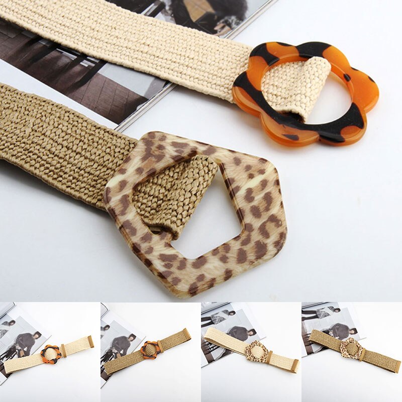 Vintage bohemio cinturón de cintura trenzada, cinturón femenino de verano, cinturones redondos de madera con hebilla, cinturón de corsé ancho de paja falsa, cinturón tejido para mujer