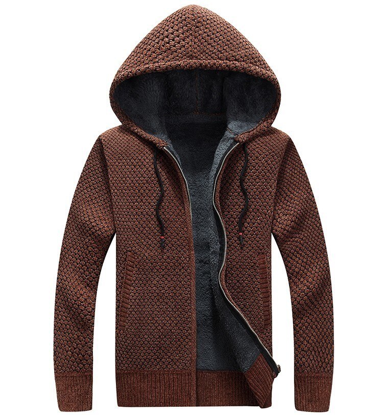 Herfst heren capuchon trui jas winter dikke truien jas heren effen kleur slim fit wollen bont trui bovenkleding 3xl: Bruin / Ik