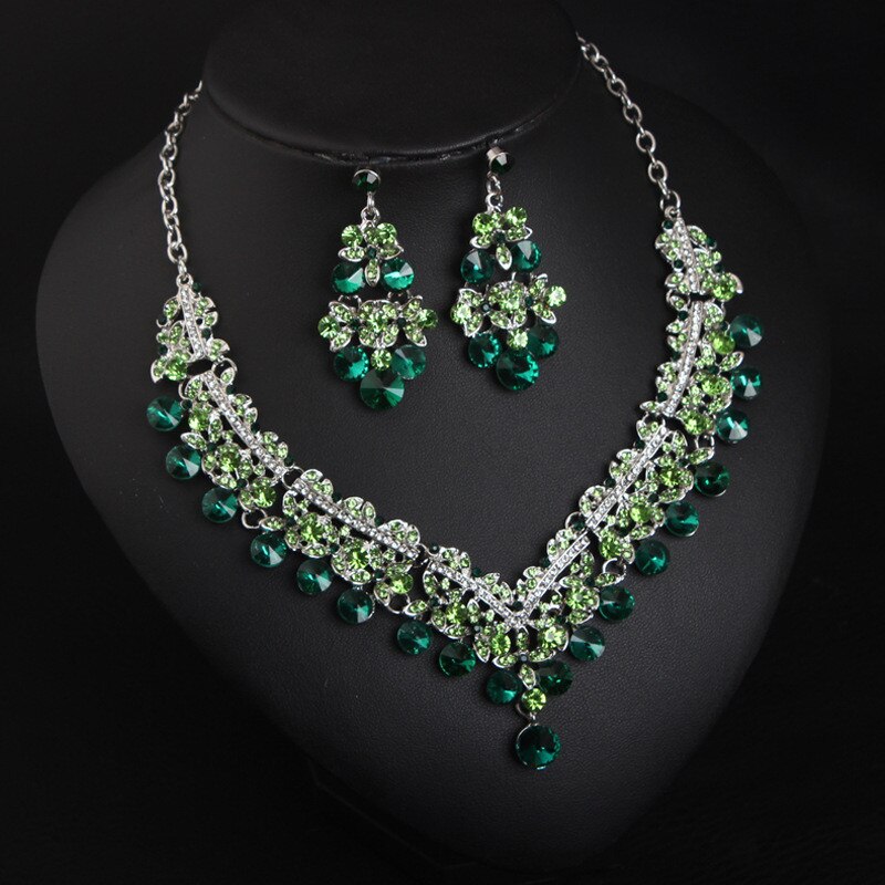 Di Lusso Dubai Verde di Strass da Sposa Collana Orecchini di design Romantico impostato di Gioielli da Sposa Argento Accessori Catena Clavicola