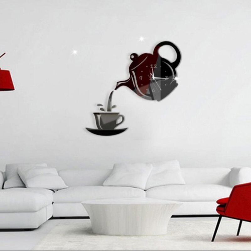 1 Set Diy Acrylic Coffee Cup Teapot 3D Wall Clock Kitchen Wall Clocks