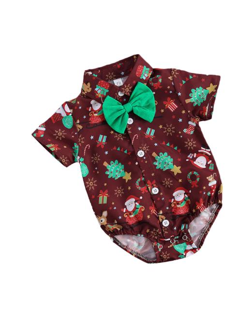 Newborn Baby Boys Christmas Bodysuits Short Sleeve Bow-tie Cartoon Pattern Bodysuits Boys Xmas Costume: Red / 18M