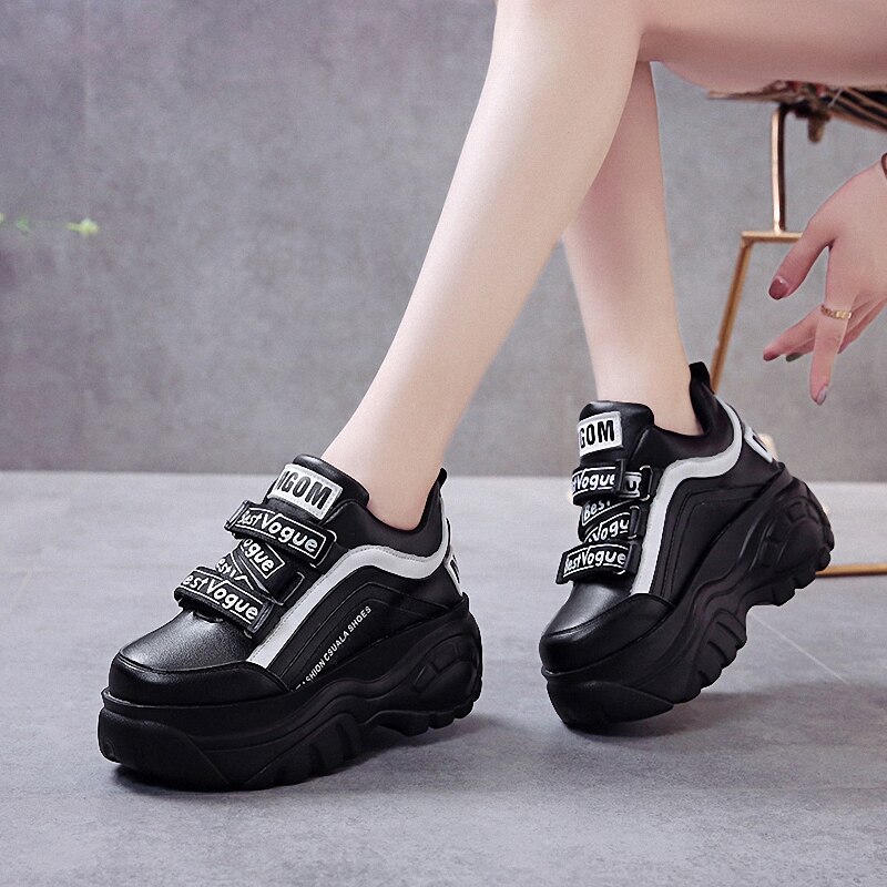 Women's Platform Sneakers - 7cm Heel Height - PU Leather - Lace-Up - Height Increasing Sport Shoes