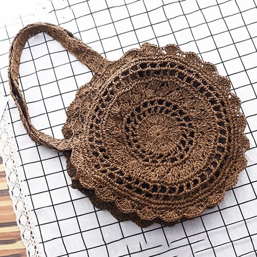 Sac à main en rotin tissé à la main pour femmes, sac en paille fait-main ajouré en forme de cercle, grande capacité, été, voyage, plage, décontracté: dark brown